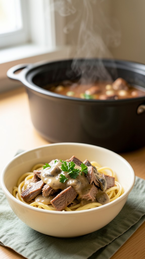 Creamy Mushroom Dijon Beef Short Rib Casserole, an easy crockpot dinner recipe