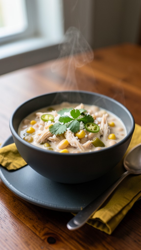 Creamy Poblano White Chicken Thigh Chili, an easy crockpot dinner recipe