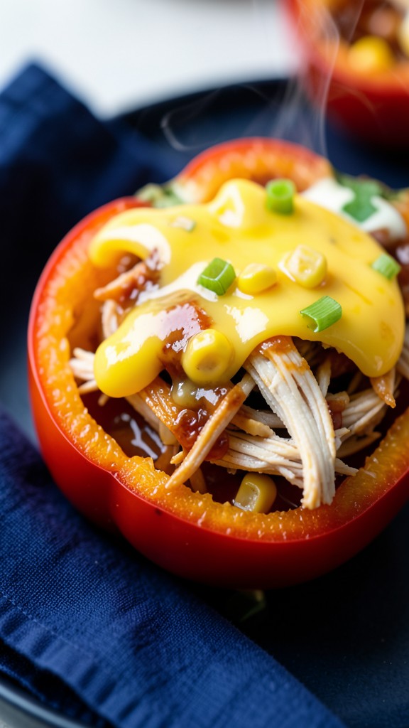 Crockpot Apple Cider BBQ Chicken Stuffed Peppers, an easy crockpot dinner recipe