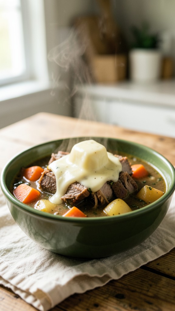 Crockpot Cheddar Herb Pulled Pork Stew, an easy crockpot dinner recipe