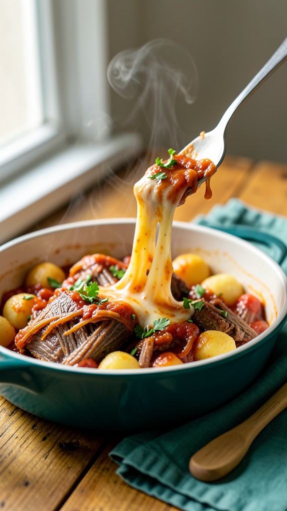 Crockpot Cheesy Braised Beef Short Rib Gnocchi Bake, an easy crockpot dinner recipe