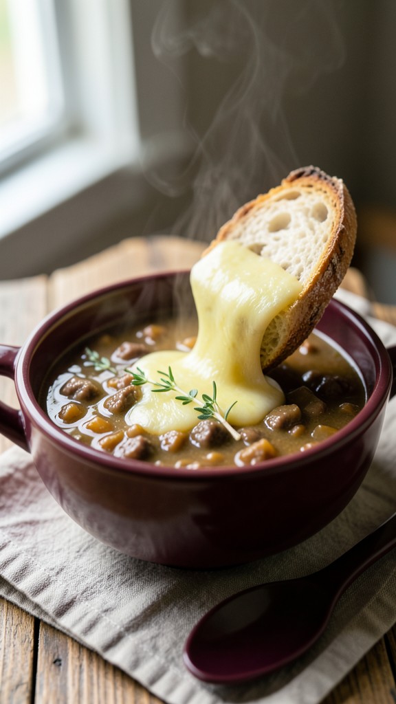 Slow Cooker Cheesy French Onion Ground Beef Soup, an easy crockpot dinner recipe