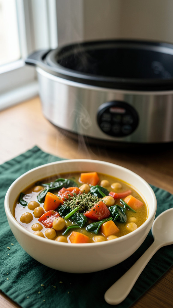 Slow Cooker Moroccan Chickpea and Sweet Potato Stew, an easy crockpot dinner recipe