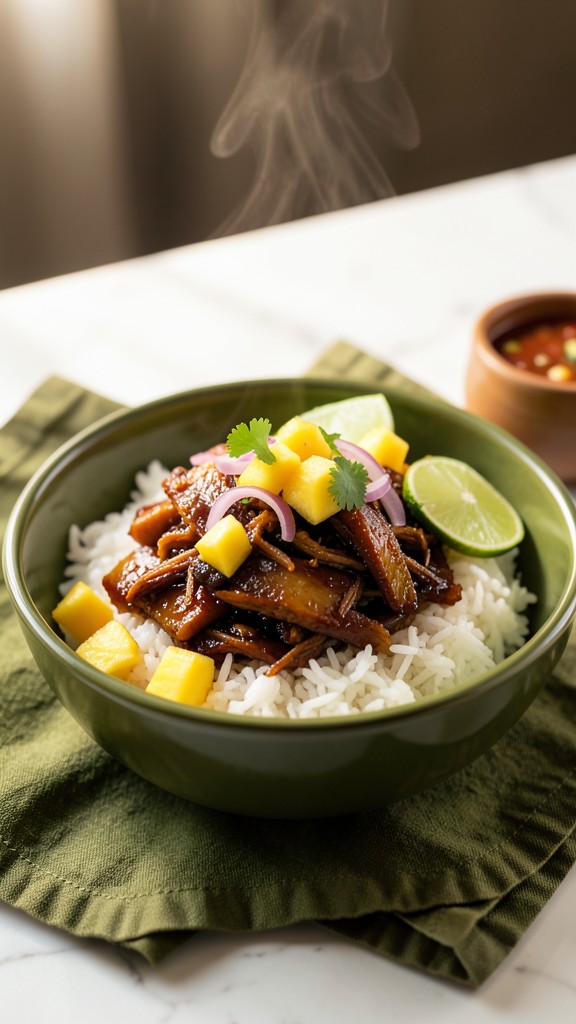 Sweet Ancho Pineapple Pulled Pork Rice Bowls, an easy crockpot dinner recipe